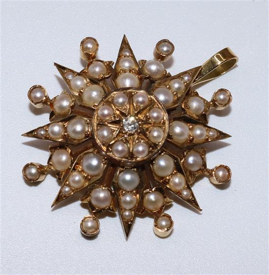 Gold, seed pearl and diamond pendant